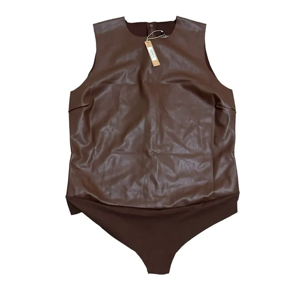 NWT SKIMS Faux Leather Crew Neck Bodysuit In Cocoa Brown Bodysuit